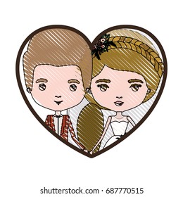 heart shape portrait with color crayon silhouette caricature newly married couple groom with formal wear and bride with ponytail side long hairstyle vector illustration