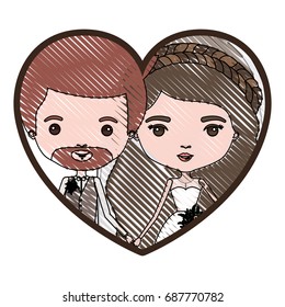 heart shape portrait with color crayon silhouette caricature newly married couple groom with formal wear and bride with wavy long hairstyle vector illustration