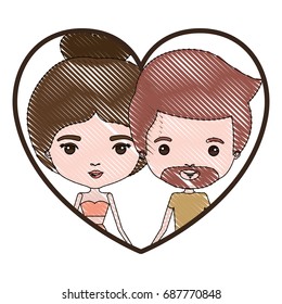 heart shape portrait with color crayon silhouette caricature couple of him with short light brown hair and beard and her with dress and bun hairstyle vector illustration