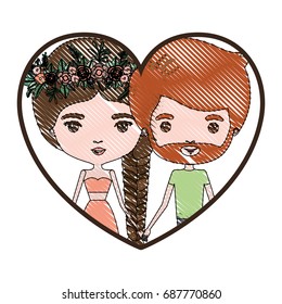 heart shape portrait with color crayon silhouette caricature couple of her in dress with brown braided hair with floral crown and him with red hair and beard vector illustration