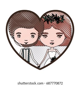 heart shape portrait with color crayon silhouette caricature newly married couple groom with formal wear and bride with straight short hairstyle vector illustration