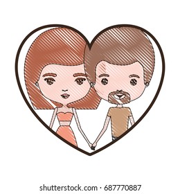 heart shape portrait with color crayon silhouette caricature couple of him with short light brown hair and van dyke beard and her with skirt and mushroom hairstyle vector illustration