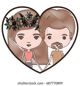 heart shape portrait with color crayon silhouette caricature couple and both with brown hair and her with medium straight hair and floral crown accesory and him with van dyke beard vector illustration