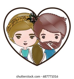 heart shape portrait with color crayon silhouette caricature couple of him with short brown hair and beard and her with ponytail blond hairstyle and floral crown accesory vector illustration