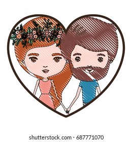 heart shape portrait with color crayon silhouette caricature couple of her in dress with long red hair with floral crown and him with beard vector illustration