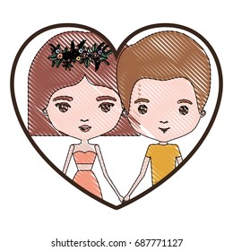 heart shape portrait with color crayon silhouette caricature couple of him with short light brown hair and her with dress and short hairstyle and floral crown accesory vector illustration