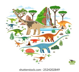 Heart shape with prehistoric dinosaur characters. Vector vibrant dino , herbivore and carnivore species at lush landscape with mountains, waterfall, trees, ferns and rocks, ancient natural environment