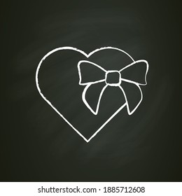 Heart shape present chalk icon.Gift box with bow ribbon, top view.Holiday congratulation, surprise concept. Holiday offer. Christmas, valentine, birthday. Isolated vector illustration on chalkboard