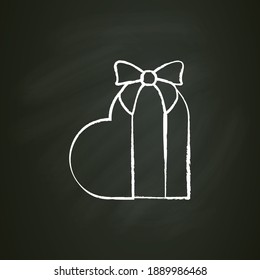 Heart shape present chalk icon.Gift box with bow ribbon, top view.Holiday congratulation, surprise concept. Holiday offer. Christmas, valentine, birthday. Isolated vector illustration on chalkboard
