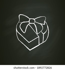 Heart shape present chalk icon.Gift box with bow ribbon.Holiday congratulation, surprise concept.Holiday offer. Christmas, valentine, birthday celebration. Isolated vector illustration on chalkboard