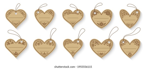 Heart shape price tag set. Floral pattern hang paper label design. Vintage ornate flower frame for wedding invitation greeting card, market sale discount coupon, shop retail badge empty retro sticker