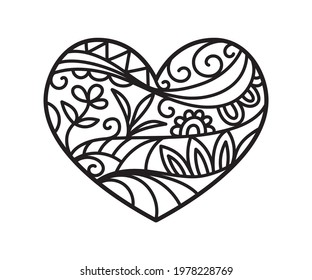 Heart shape print, isolated on white, boho ethnic style outline tattoo, hand drawn love symbol, Valentines romantic greeting cards, vector illustration