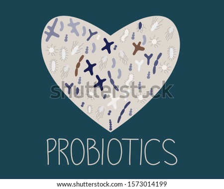 Heart shape with probiotics for good microorganisms concept. Probiotics note. Vector illustration in flat cartoon style. Propionibacterium, lactobacillus, lactococcus, bifidobacterium.
