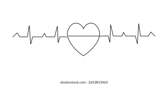 Heart Shape with Pulse Trace. Continuous Line Art of Love Symbol and Heartbeat Line