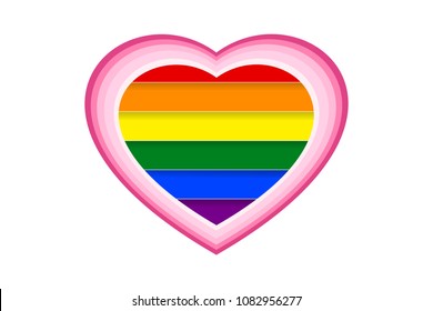 Heart shape of rainbow stripes and multi-layered pink hearts. The rainbow is colors of LGBT or GLBT pride flag, symbol of lesbian, gay, bisexual, transgender, and queer (LGBTQ). Vector illustration.