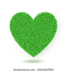 Heart shape with realistic lawn grass texture, isolated on white background. Vector spring or summer design element. Ecology concept