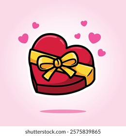 Heart Shape Red Box Gift with Yellow Ribbon Cartoon Icon Vector Illustration. Isolated background. Love Symbol. Valentine's Day Concept