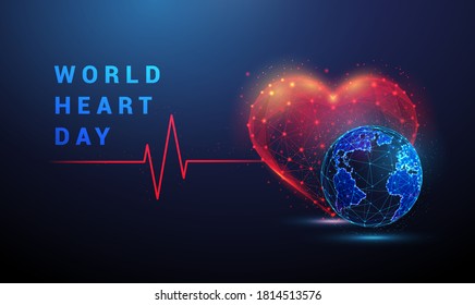 Heart shape with red cardio puls line and earth. Low poly style design. Abstract geometric background. Wireframe light connection structure. Modern blue 3d graphic concept Isolated vector illustration