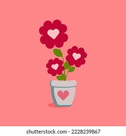 Heart shape red flowers in a flower pot. Love and romance symbol. Flat design. Isolated Vector Illustration