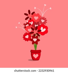 Heart shape red flowers in a flower pot. Love and romance symbol. Flat design. Isolated Vector Illustration