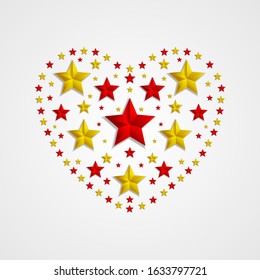 Heart shape from red and golden stars abstract graphic design. St Valentines Day greeting background. Vector illustration