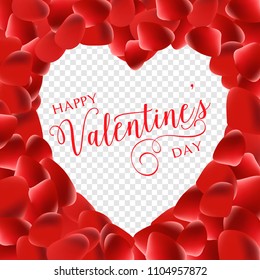 Heart shape of red petals on white background, vector illustration. Valentine's day with beautiful rose petals. Love backdrop