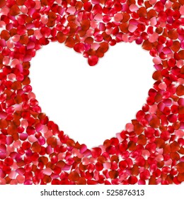 Heart shape of red petals on white background, vector illustration.  Valentine's day with beautiful rose petals. Love backdrop