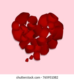 Heart shape of red petals on white background, vector illustration. Valentine's day with beautiful rose petals.