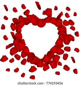 Heart shape of red petals on white background, vector illustration. Valentine's day with beautiful rose petals.