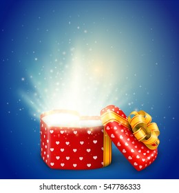 Heart shape red pink gift for Valentine's Day opened with light . Vector Illustration on blue background