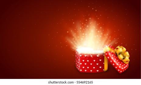 Heart shape red pink gift for Valentines Day opened with light love . Vector Illustration