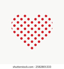 Heart shape with red polka dots on a white background. The heart is filled with evenly spaced red dots, creating a playful polka dot pattern. Valentine's Day illustration vector.