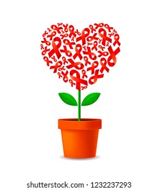 Heart shape of red ribbon in flower pot. World AIDS Day. Aids Awareness icon design for poster, banner, t-shirt. Vector illustration isolated on white background.