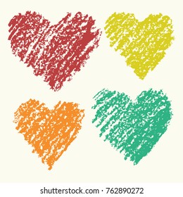 Heart shape retro color art strokes crayon hand drawing set. Group of Valentine day funny love heart. Colorful pastel chalk or pencil grunge design elements, vector background.