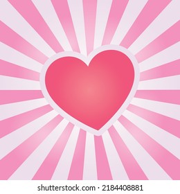 Heart shape with retro pink rays background, vector illustration.