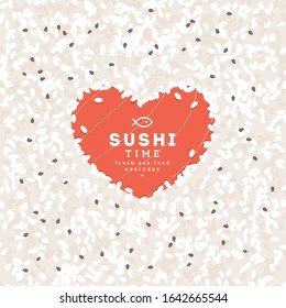Heart shape rice and salmon concept. Sushi bar design template. Vector illustration