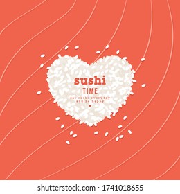El concepto de arroz con forma de corazón y salmón. Plantilla de diseño de barra de sushi. Ilustración del vector 