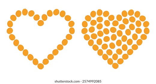 Heart shape ripe apricots Contour and fill. Summertime fruits colorful design element idea. Template