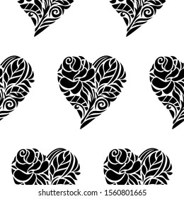 Heart shape of rose flower and leaves - Indian Traditional and Cultural Rangoli, Alpona, Kolam or Paisley vector line art is in Seamless pattern