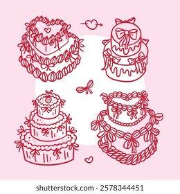 Heart Shape and round Vintage Multi-tiered Cakes set with coquette Bows, Whipped Cream, Ribbons. Valentine's day dessert. Hand drawn linear doodle vector illustration.