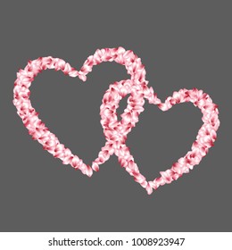 Heart shape of sakura petals flying for valentine day of love. Petals heart vector love and marriage symbol isolated on grey.  Romantic element for marriage card or wedding invitation template.