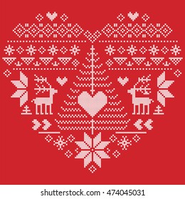 Heart Shape Scandinavian Printed Textile  style and inspired by  Norwegian Christmas and festive winter seamless pattern in cross stitch with Christmas tree, snowflakes, reindeer,  hearts on red 