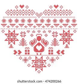 Heart Shape Scandinavian Printed Textile  style and inspired by  Norwegian Christmas and festive winter seamless pattern in cross stitch with Christmas tree, snowflakes, Angel, hearts on white
