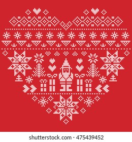 Heart Shape Scandinavian Printed Textile  style and inspired by  Norwegian Christmas and festive winter seamless pattern in cross stitch with Christmas tree, snowflakes, Santa Claus, hearts on red