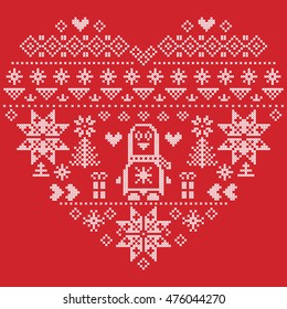 Heart Shape Scandinavian Printed Textile  style and inspired by  Norwegian Christmas and festive winter pattern in cross stitch with Christmas tree, snowflakes, Penguin, hearts on red background
