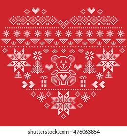 Heart Shape Scandinavian Printed Textile  style and inspired by  Norwegian Christmas and festive winter  pattern in cross stitch with Christmas tree, snowflakes, bear , hearts on red background 