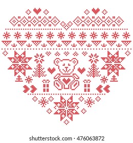 Heart Shape Scandinavian Printed Textile  style and inspired by  Norwegian Christmas and festive winter  pattern in cross stitch with Christmas tree, snowflakes, bear , hearts on white background 