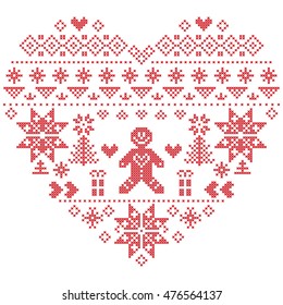 Heart Shape Scandinavian Printed Textile  style and inspired by  Norwegian Christmas and festive winter  pattern in cross stitch with Christmas tree, snowflakes, gingerbread man , hearts on white 
