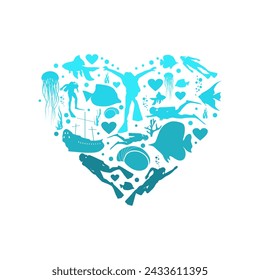 Heart Shape with Scuba Diving Theme Icons. Travel and Vacation Poster Concept.