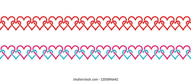 Heart shape seamless ornament border - decorative element with romantic repeated overlayed hearts - symbol of love, wedding, Valentine`s day.